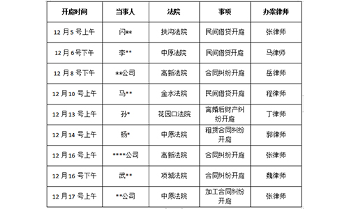 【開庭公告】錦盾律所2021年12月份部分辦案安排